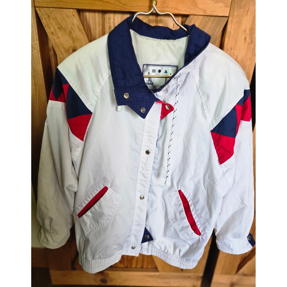 Izzi Vintage Colorblock Windbreaker Jacket White Red Navy Blue Geometric Retro